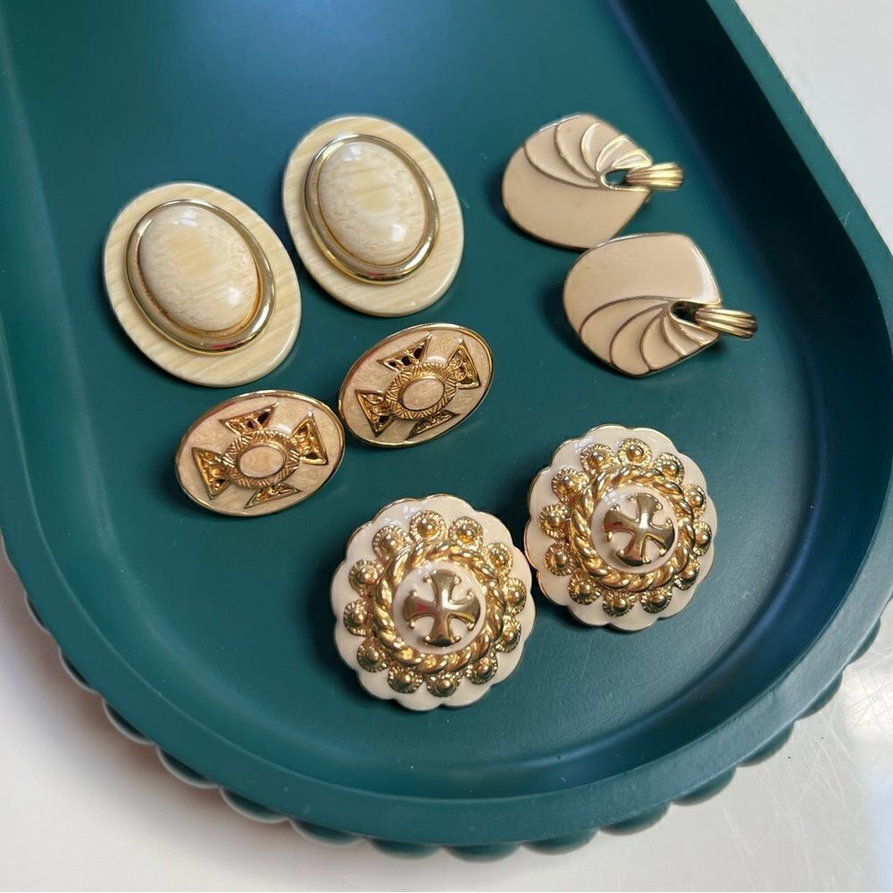 4 Pairs Mixed Decades 1950s - 1980s Large Cream Enamel Gold Toned Clip Earrings
